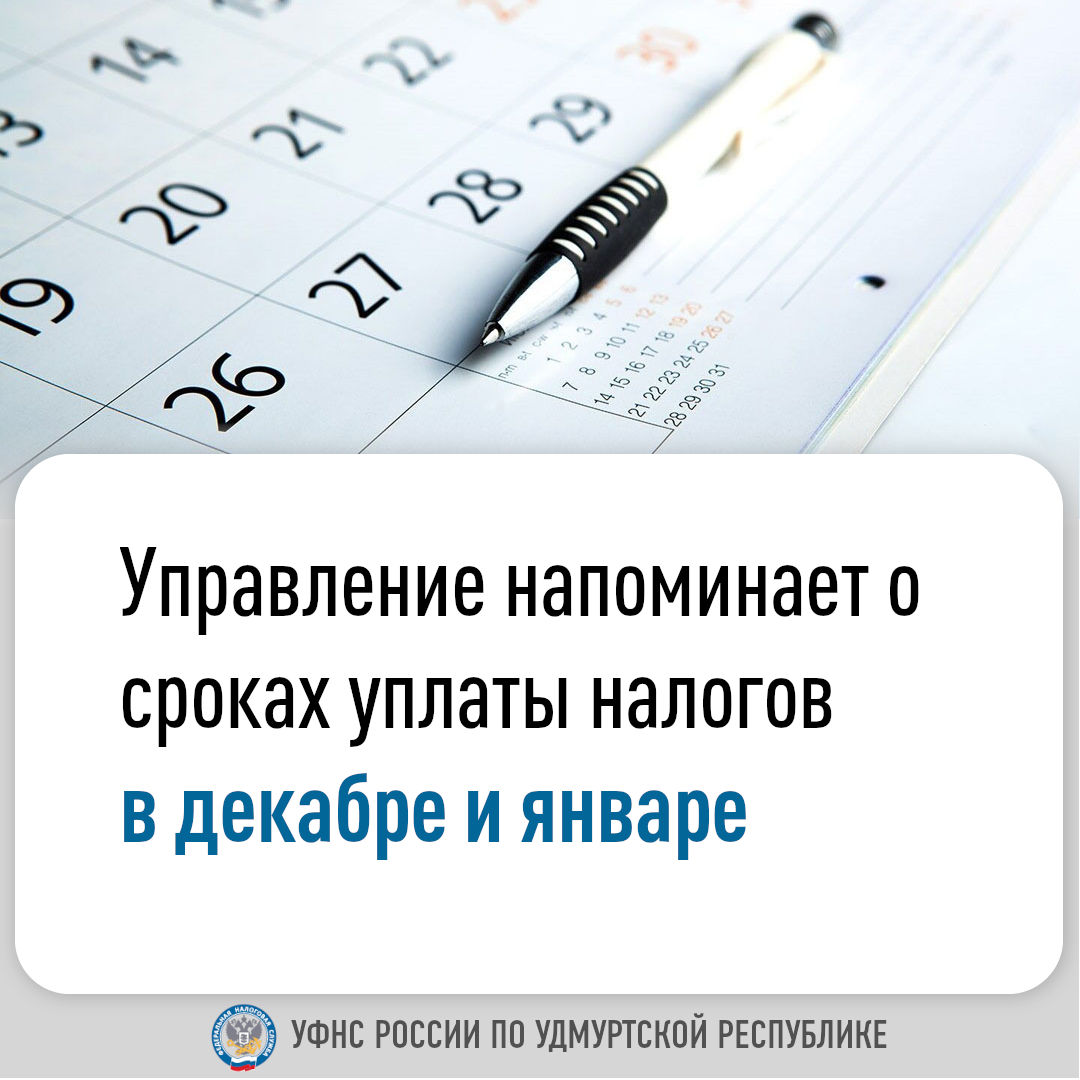 Управление напоминает о сроках уплаты налогов в декабре и январе.